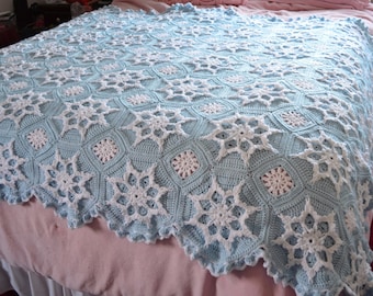 Snowflake Afghan Crocheted Blanket Soft Powder Blue - Made fresh after sale