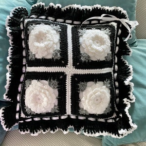 Crocheted White Roses Floral Accent Pillow Made Fresh after sale
