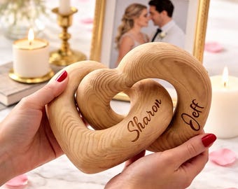 Escultura personalizada de coração infinito, presente de madeira gravado à mão para casais, lembrança de aniversário.