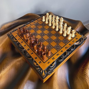 Wooden Chess Set 13x13 in, Folding Chess Board, Chess Pieces, Wooden Chess Set Handmade, Checkers, Backgammon, Classic Chess Set, Gift Set
