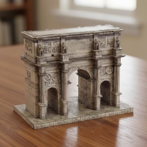 May include: A beige miniature model of an archway, featuring detailed carvings and architectural elements. The replica includes arches and columns, and is set on a rectangular base. The design suggests a historical monument.
