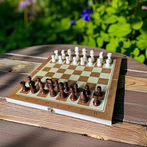 May include: A wooden chess set with brown and white pieces arranged on a checkered board. The board is set on a round, brown wooden table. The background features green foliage and sunlight.