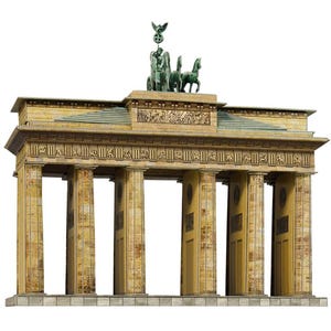 May include: The Brandenburg Gate, a historic landmark in Berlin, Germany, is depicted. The sandstone structure features six Doric columns, topped with a Quadriga statue. The gate's design is classical, with detailed carvings and a green roof.