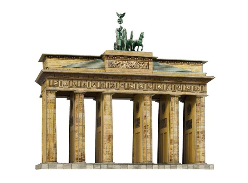 May include: The Brandenburg Gate, a historic landmark in Berlin, Germany, is depicted. The sandstone structure features six Doric columns, topped with a Quadriga statue. The gate's design is classical, with detailed carvings and a green roof.