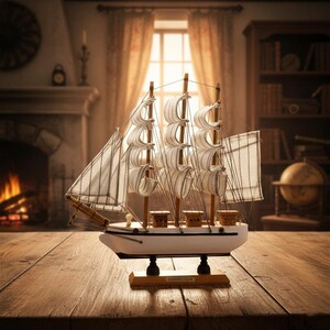 May include: A detailed model sailboat with white sails and a white hull, displayed on a wooden table. The model features multiple masts and rigging, with a wooden base. The background includes a fireplace and a bookshelf.