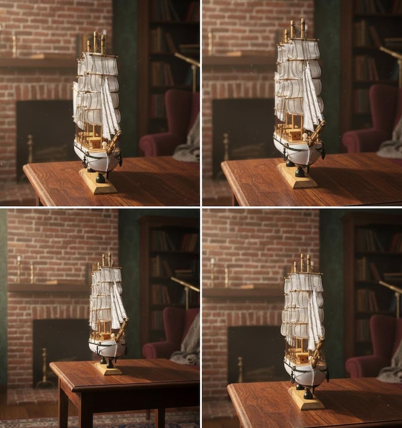 May include: A detailed model ship with white sails and gold accents. The ship is displayed on a wooden stand and table, set against a backdrop of a brick fireplace and bookshelves. The model is approximately 12 inches in height.