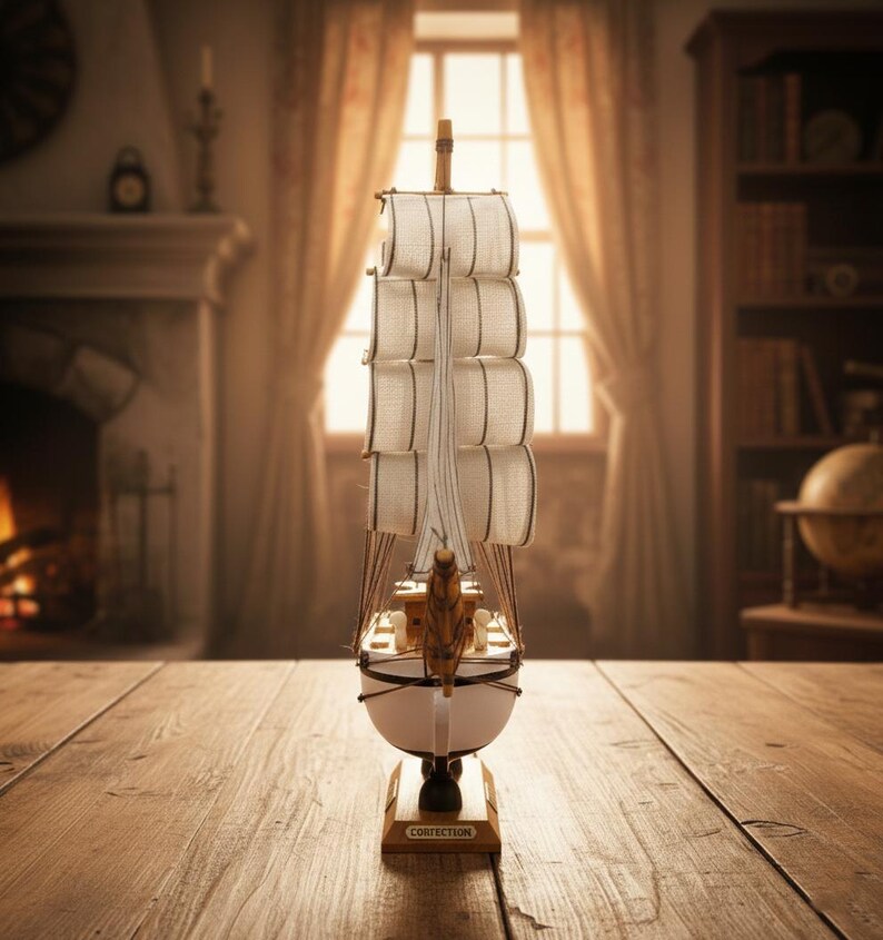 May include: A detailed model sailboat with white sails and a wooden hull. The miniature ship is displayed on a wooden surface, with the word "CORRECTION" on the base. The background includes a fireplace, window, and bookshelves.
