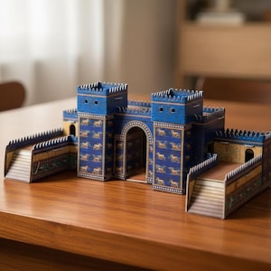 Könnte beinhalten: Detailliertes Modell einer blau-goldenen antiken Struktur, möglicherweise ein Tor oder eine Festung, mit komplizierten architektonischen Details. Das Modell verfügt über mehrere Türme und rampenartige Strukturen, die auf einem Holztisch stehen.
