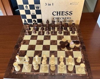 ドイツ製の手作り木製チェス、チェッカー、バックギャモン 3 in 1