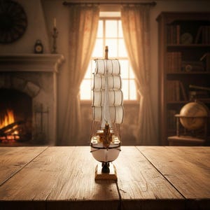 May include: A detailed model sailboat with white sails and a white hull, displayed on a wooden table. The miniature ship has intricate rigging and is set against a backdrop of a cozy room with a fireplace and a window.