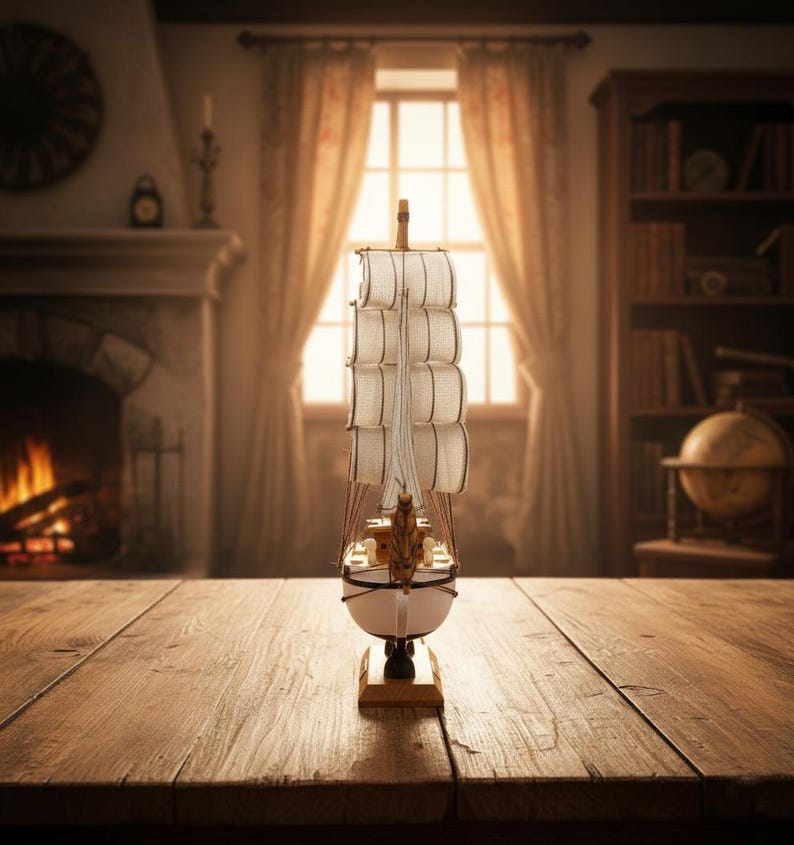 May include: A detailed model sailboat with white sails and a white hull, displayed on a wooden table. The miniature ship has intricate rigging and is set against a backdrop of a cozy room with a fireplace and a window.