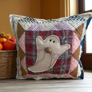 Ghost pillow/quilted/wool accents /vintage/antique