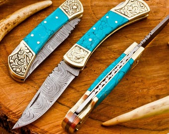 Handmade Damascus Steel Folding Knife: Turquoise & Brass Handle