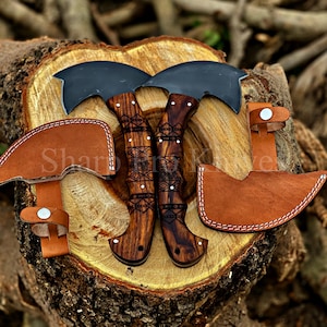 Hand Forged Tomahawk Throwing Axe Set: Viking Style, Tribal Etched Walnut Handle
