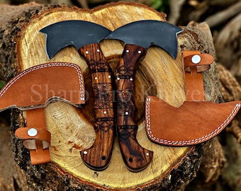 Hand Forged Tomahawk Throwing Axe Set: Viking Style, Tribal Etched Walnut Handle