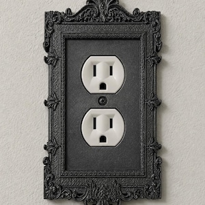 May include: A black electrical wall plate cover featuring an ornate, decorative frame with intricate scrollwork and leaf-like details. The rectangular cover surrounds a standard white duplex electrical outlet with two plug receptacles.