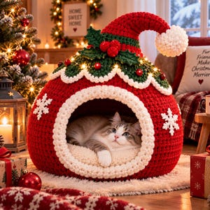 Op de afbeelding: Een rood gehaakt huisdierbed in de vorm van een kerstmuts met een witte pompon, groene hulstblaadjes en rode bessen. De ingang is wit omrand en de buitenkant is versierd met gehaakte witte sneeuwvlokken. Een kat rust in het bed.