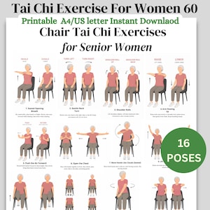 Puede incluir: Guía imprimible de ejercicios de Tai Chi para mujeres mayores. La guía presenta 16 posturas de Tai Chi en silla con ilustraciones. El texto incluye instrucciones para cada postura, como respiración sentada, giro suave del cuello y movimientos de hombros.
