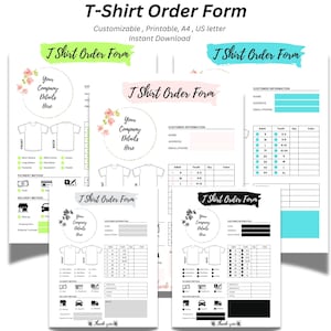 May include: A printable T-shirt order form template with a black and white design. The form includes sections for customer information, sizes, colors, payment method, and delivery method. The form also includes a space for your company details.