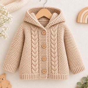 Peut inclure: Un cardigan à capuche en tricot beige avec un motif texturé en point de riz, des manches longues à poignets côtelés et une fermeture avant à quatre boutons en bois clair. Deux panneaux verticaux en torsades ornent le devant.