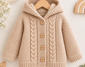 May include: A beige knit hooded cardigan featuring a textured seed stitch pattern, long sleeves with ribbed cuffs, and a front closure with four light brown wooden buttons. Two vertical cable knit panels run down the front of the garment.