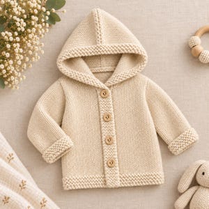 Peut inclure: Un gilet à capuche beige à manches longues en tricot épais. Le vêtement présente une capuche, des poignets côtelés et une fermeture frontale composée de quatre boutons en bois clair. La texture est uniforme sur l'ensemble de la pièce.