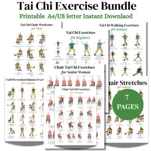 May include: A collection of printable Tai Chi exercise guides. The bundle includes workouts for men, beginners, seniors, and women. The guides feature illustrations of various Tai Chi poses and stretches. The bundle includes 7 pages.