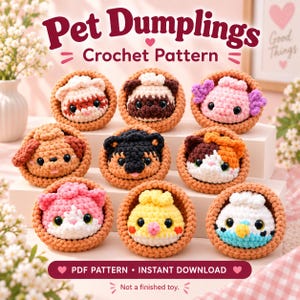 Patrón de ganchillo en PDF para mascotas: Dumplings / Amigurumi de animales sin costuras / Peluche de conejito Bao Kawaii / Mini animales de ganchillo para decorar el escritorio