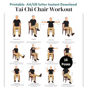 Op de afbeelding: Printbare Tai Chi stoel workout gids met 16 poses. De gids toont illustraties van oefeningen, waaronder beenheffen, armcirkels en zijwaartse draaien. De tekst bovenaan luidt "Printable A4/US letter Instant Download" en "Tai Chi Chair Workout."