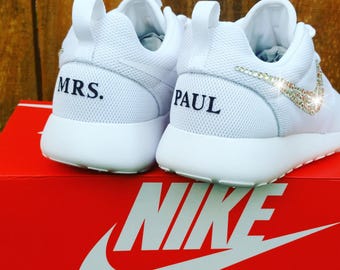 Mrs. Wedding Nike Roshe – Bride to Be Custom White Sneakers with Swarovski Crystals – Personalized Bridal Shoes for Wedding & Honeymoon