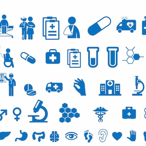 May include: A collection of blue medical icons on a white background. The icons include illustrations of medical equipment, ambulances, pills, test tubes, and human anatomy, such as the heart, lungs, and brain.