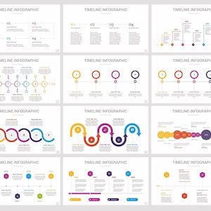 May include: A set of timeline infographics in various designs and colours. The infographics display different layouts, including linear, circular, and step-by-step formats. The text "TIMELINE INFOGRAPHIC" is at the top of each graphic.