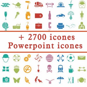 Puede incluir: Una colección de iconos coloridos que representan herramientas, alimentos y símbolos tecnológicos. La imagen incluye el texto "+ 2700 icones PowerPoint icones" en un cuadro rojo, indicando un gran conjunto de gráficos digitales.