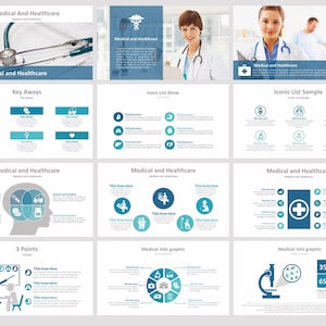 Könnte beinhalten: Eine Präsentation mit dem Titel „Medical and Healthcare“ mit verschiedenen Folien. Die Folien zeigen medizinisches Fachpersonal, Symbole und Infografiken in Blau- und Weißtönen. Der Text enthält „Key Aways“ und „3 Points“.