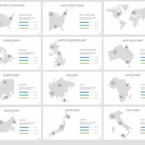 Könnte beinhalten: Eine Sammlung von zwölf Karten, darunter die Vereinigten Staaten, Kanada, Europa und andere. Jede Karte ist grau mit hervorgehobenen Bereichen und Datenvisualisierungen. Textbeschriftungen identifizieren jede Region.