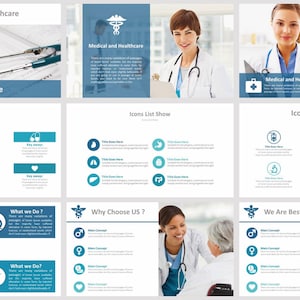 May include: A presentation on medical and healthcare topics. The slides feature images of medical professionals, medical equipment, and icons. Text includes "Medical and Healthcare", "Key Aways", "Icons List Show", "What we Do?", "Why Choose US?", and "We Are Best".