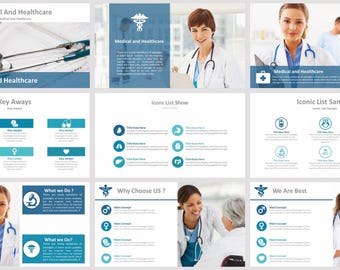 May include: A presentation on medical and healthcare topics. The slides feature images of medical professionals, medical equipment, and icons. Text includes "Medical and Healthcare", "Key Aways", "Icons List Show", "What we Do?", "Why Choose US?", and "We Are Best".