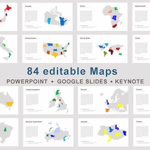 Könnte beinhalten: Eine Sammlung von Kartenillustrationen, die verschiedene Länder und Regionen hervorheben. Die Karten sind farbcodiert und enthalten den Text "84 editable Maps" mit Optionen für PowerPoint, Google Slides und Keynote.