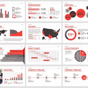 Può includere: Una presentazione aziendale con vari grafici e diagrammi. Le diapositive presentano grafici a colonne, dati demografici, mappe del mondo e degli Stati Uniti, grafici a torta e cronologie. La combinazione di colori è principalmente rossa, grigia e bianca.