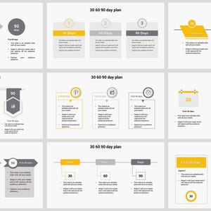 May include: A collection of infographics titled "30 60 90 day plan" in yellow, gray, and white. The graphics display timelines, calendars, and numbered lists, outlining steps for a 30, 60, and 90-day plan. The text is clear and concise.