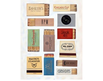 Chicago Steakhouse Restaurant Matchbox Digital Download: Vintage-Inspired Design Featuring Favorite Local Steakhouses. Restaurant Artwork