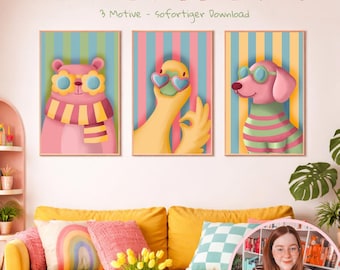Colorful and classy animals - wall art set (3 digital artworks) – Colorful animals, children's room decor, poster set, printable up to A2