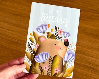 "Happy Bear's Day" postcard – Cute hand-painted birthday card with bear, A6, illustrated, flowers, birthday