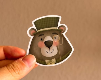"Sir Barnaby the Bear" stickers (set of 2) – Cute vintage bear, monocle, matte vinyl, handmade, bear stickers