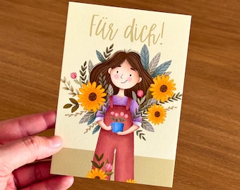 Postcard “For you” – A6 card, hand-painted design with flowers, loving, small token of appreciation, gift idea