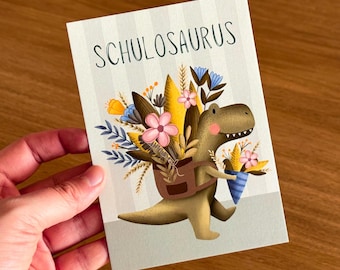 Postcard “Schoolosaurus” – lovingly hand-painted card for starting school, dinosaur card, A6, back to school, gift idea, primary school