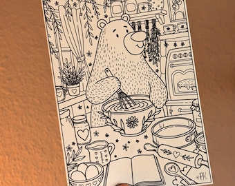 Basti the Bear coloring page – high-quality coloring sheet on watercolor paper | A4, A5 or A6 | Cozy coloring fun