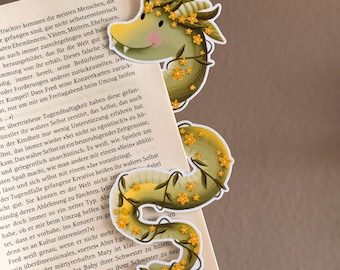 Bramble the Basilisk Bookmark – Floral Dragon/Snake Bookmark, Printed on Both Sides, Matte Laminated, Fantasy Book Gift