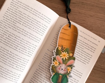 Mr. Rabbit and Carrot Bookmark – Cute Bookmark with Tassel – Book Gift, Book Lover, Hand-Drawn, Bookworm