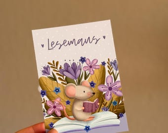 Postcard "Reading Mouse" – Cute mouse card, A6, gift for book lovers, bookworm, cozy